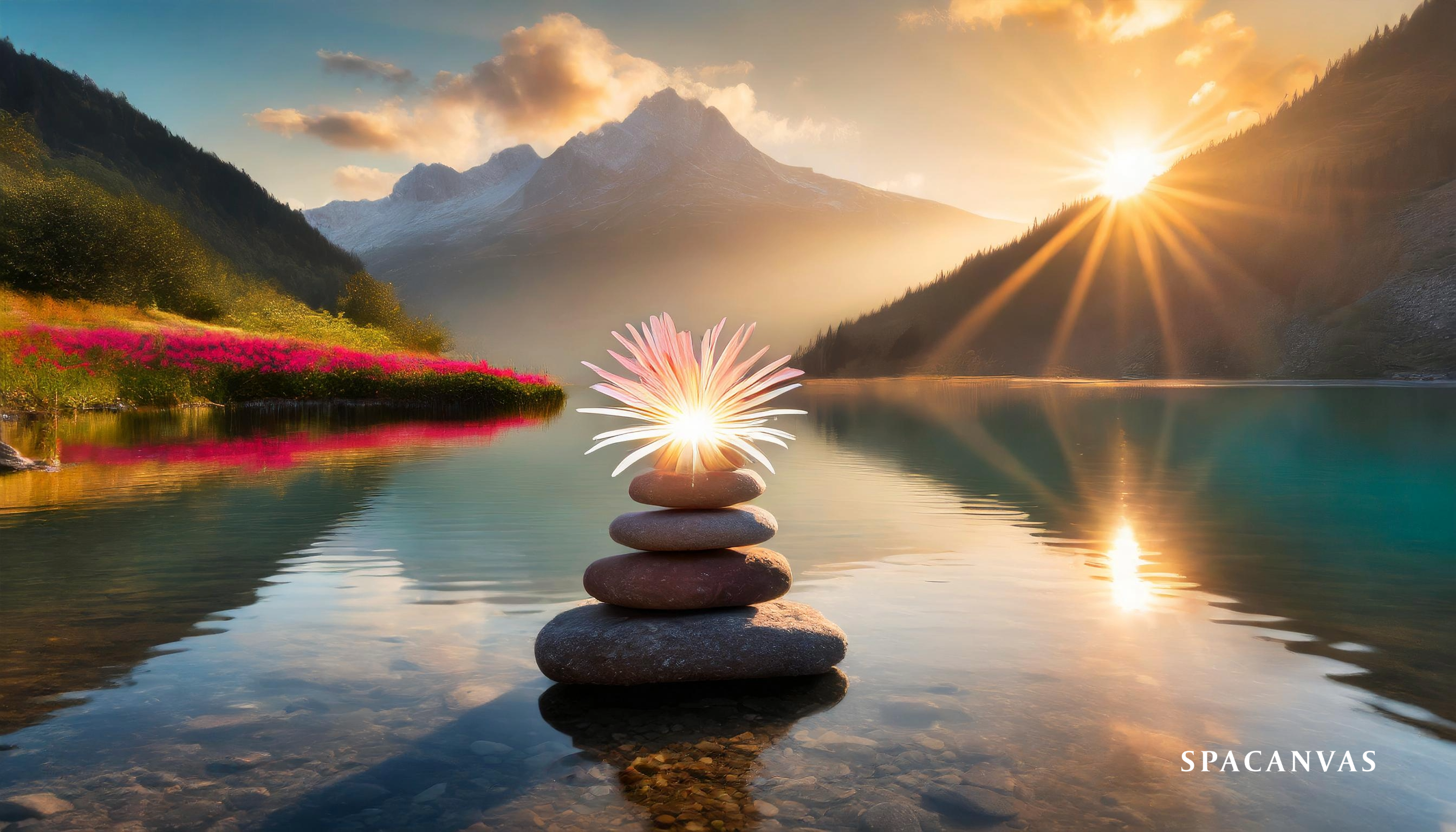 A person meditating on a rock with arms raised, facing a tranquil lake and mountains during a sunrise.