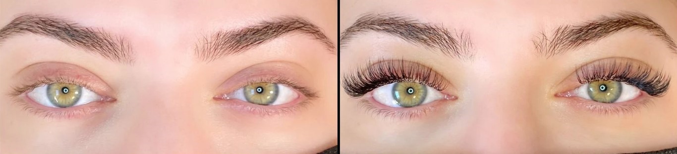 Close-up before and after comparison of eyelash extensions on green eyes with natural makeup