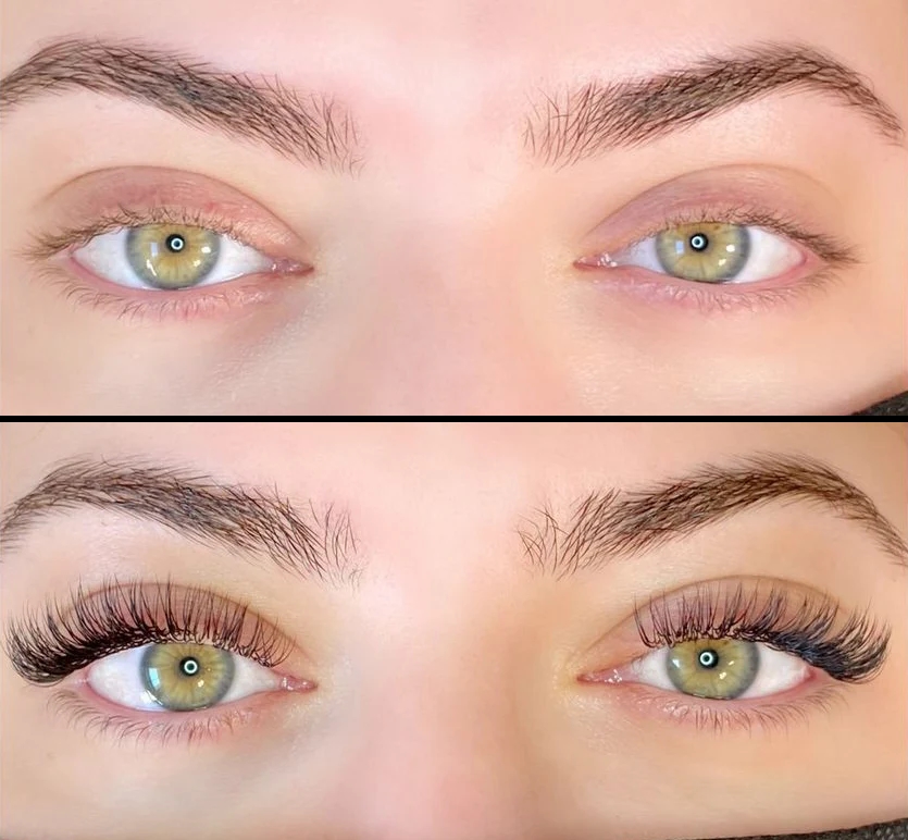 Before and after eyelash extensions showing natural lashes versus voluminous, styled lashes.